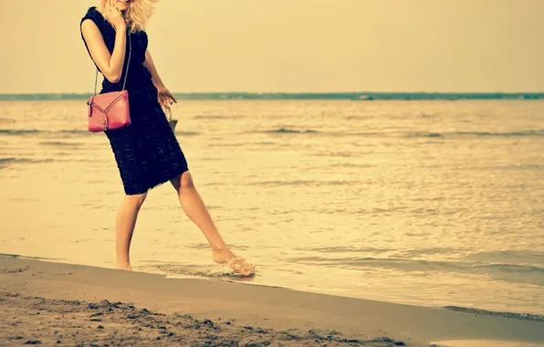 Picture sand, sea, beach, water, girl, joy, smile, background, Wallpaper, mood, wave, dress, wallpaper, handbag, girl, …