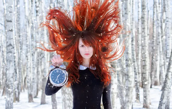 Picture forest, snow, hair, watch, alarm clock, the red-haired girl, Spring Time