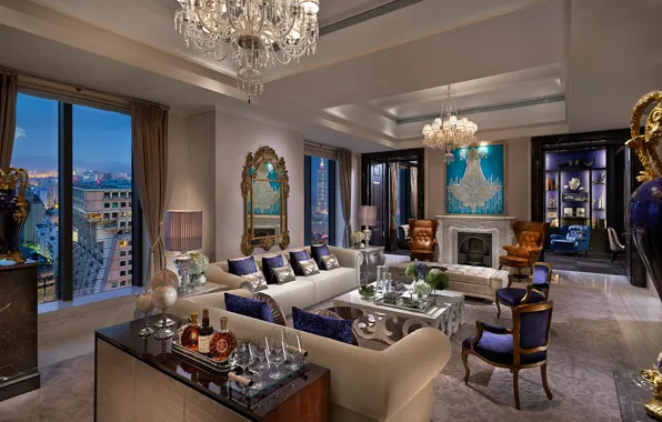 Picture interior, chandelier, drinks, sofas, living room
