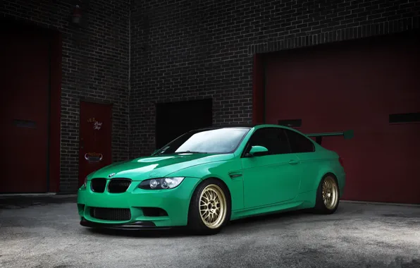 Picture green, bmw, BMW, gate, green, wheels, e92, wing, brick wall