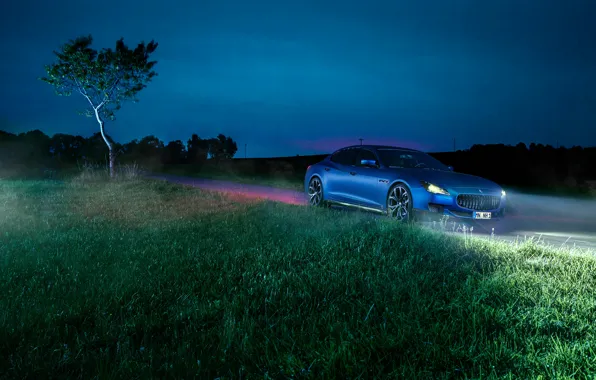 Picture grass, night, blue, lights, Maserati, Quattroporte, Novitec