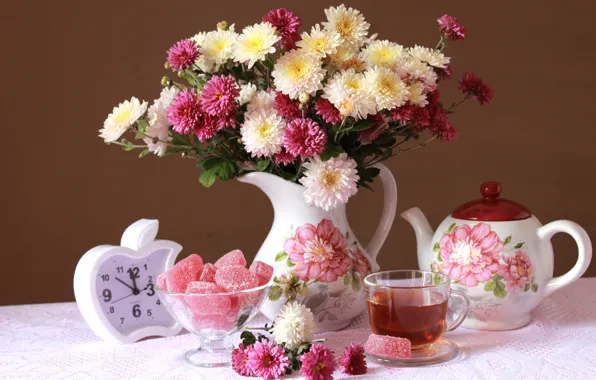 Picture tea, watch, bouquet, chrysanthemum, marmalade