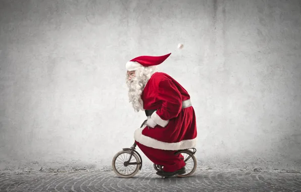 Picture bike, street, hat, humor, small, glasses, New year, coat, beard, Santa Claus, the sidewalk, Santa …
