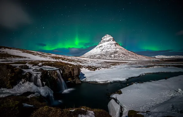 Picture winter, snow, night, rocks, mountain, waterfall, Northern lights, the volcano, Iceland, Kirkjufell, January
