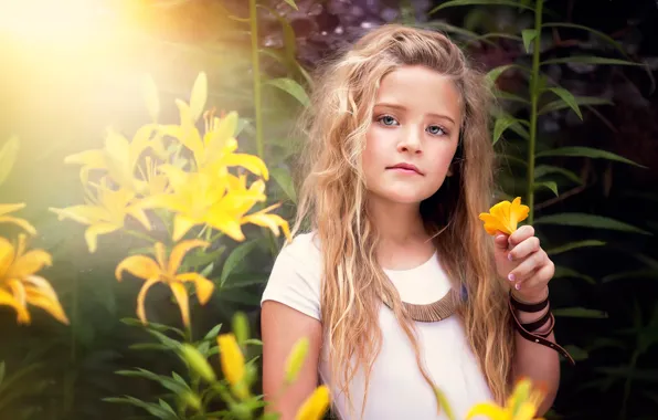 Picture portrait, girl, yellow flowers, child photography
