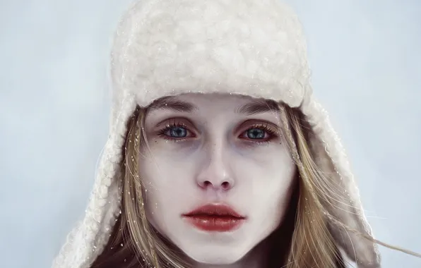 Picture winter, look, girl, snow, face, hat, art, lips