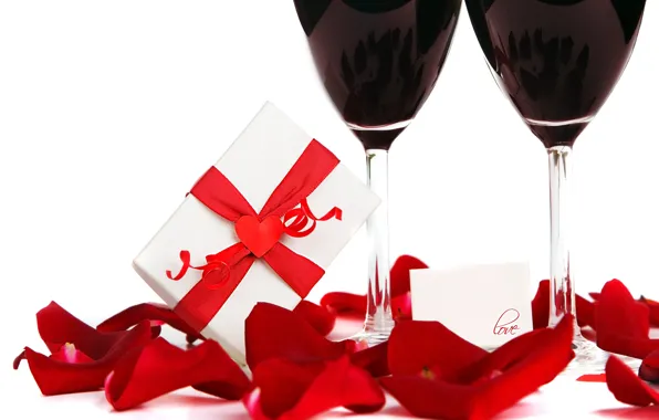 Picture love, gift, wine, roses, glasses, love, heart, romantic, Valentine's Day