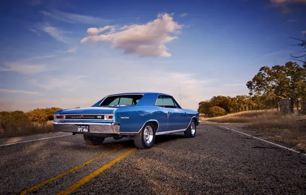 Picture road, the sky, clouds, the fence, field, Chevrolet, wheel, back, 1966, Chevelle, side, tail lights, …