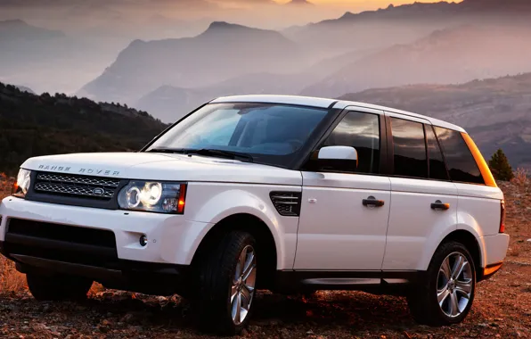 Picture auto, white, sunset, mountains, machine, cars, range rover