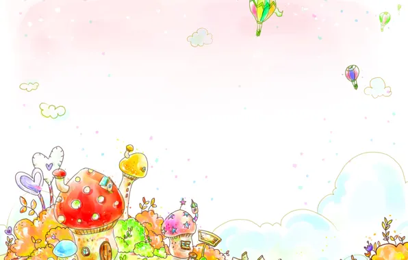 Picture grass, clouds, balloons, the fence, hearts, house, the bushes, baby Wallpaper, stool