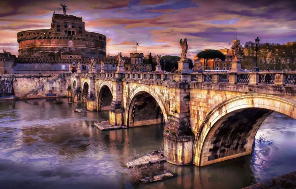 Picture the sky, clouds, bridge, river, Rome, Italy, The Tiber, Castel Sant'angelo