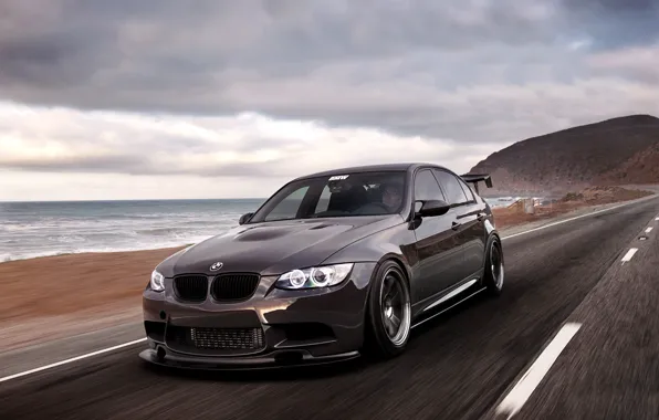 Picture road, sea, beach, BMW, speed, BMW, black, 335i, front, E90, 3 Series
