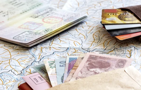 Picture money, tourism, maps, credit cards, passport