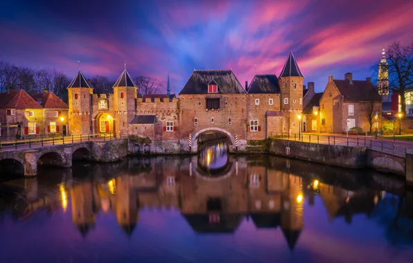 Picture the sky, clouds, night, the city, reflection, river, backlight, fortress, Netherlands, Amersfoort, Koppelpoort
