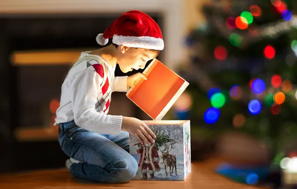 Picture lights, holiday, box, gift, new year, boy, tree, child, bokeh
