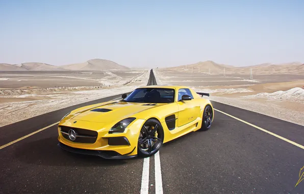 Picture Mercedes-Benz, Sky, AMG, SLS, Yellow, Road, Supercar, Black Edition, Desert