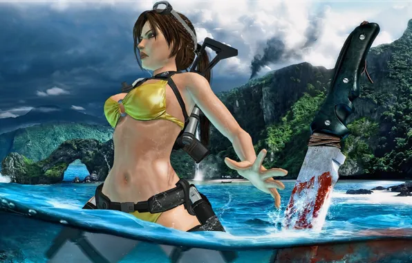 Picture swimsuit, water, pose, weapons, blood, island, knife, Tomb Raider, lara croft, Far Cry 3