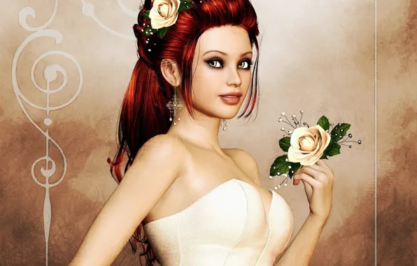 Picture look, girl, flowers, face, rendering, background, hand, earrings, hairstyle, corset, shoulders, red hair