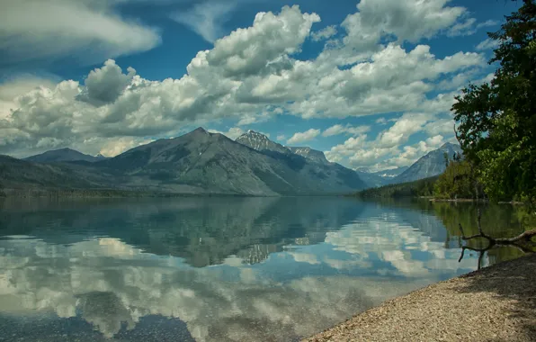 Picture clouds, mountains, lake, reflection, shore, Montana, Glacier National Park, Glacier, Rocky mountains, Montana, Glacier national …