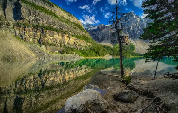 Picture trees, mountains, lake, reflection, stones, Canada