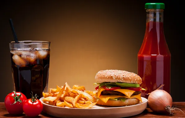 Picture ice, cheese, bow, vegetables, tomatoes, hamburger, Patty, ketchup, Coca-Cola, sesame, fast food, bun, potatoes, fast …