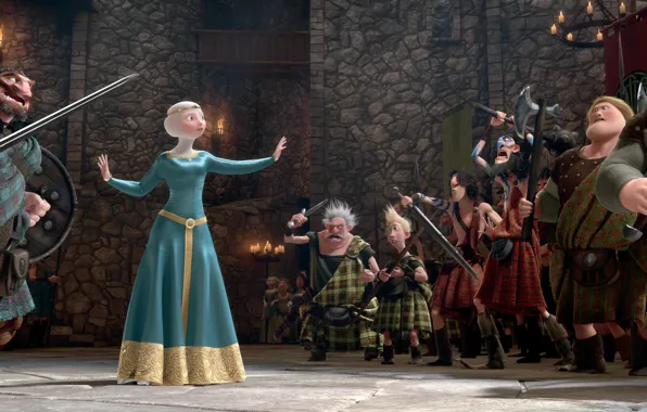 Picture castle, cartoon, candles, Scotland, Archer, Disney, Pixar, Pixar, warriors, Princess, red hair, Queen, Scotland, king, …