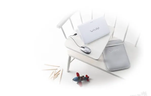 Picture bench, toy, mouse, white background, laptop, sony, vaio