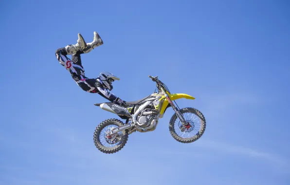 Picture maneuver, rider, motocross, freestyle, sky, clouds, FMX, extreme sports, Superman Double Seat Grab