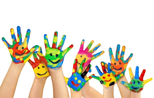 Picture BACKGROUND, WHITE, CHILDREN, HANDS, COLOR, SMILE, PAINT, FINGERS, PALM, CHILDHOOD
