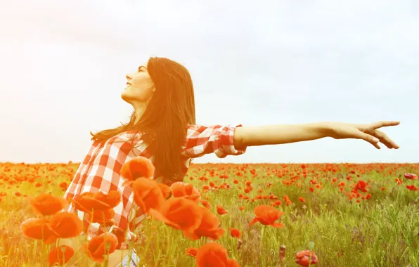 Picture field, freedom, leaves, girl, the sun, joy, flowers, red, smile, background, Wallpaper, mood, woman, Mac, …