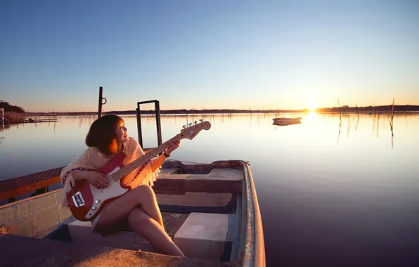 Picture girl, lake, music, boat, guitar