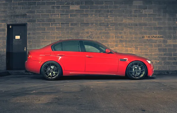 Picture red, wall, bmw, BMW, profile, red, wall, wheels, bricks, sedan, drives, e90