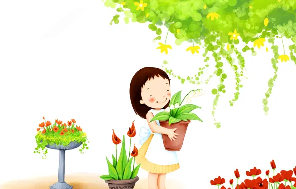 Picture flowers, smile, foliage, girl, baby Wallpaper, pots, garden