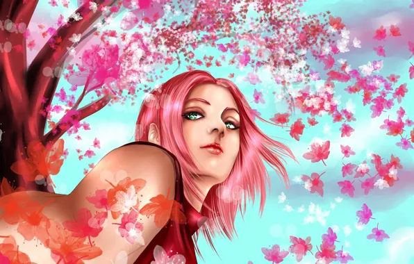 Picture girl, tree, Sakura, art, naruto, pink hair, haruno sakura, hisokakakashi