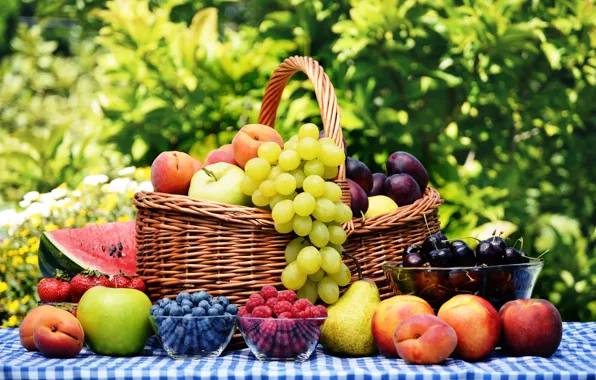 Picture cherry, berries, raspberry, table, basket, apples, watermelon, blueberries, strawberry, plate, grapes, fruit, peaches, plum, pear, …
