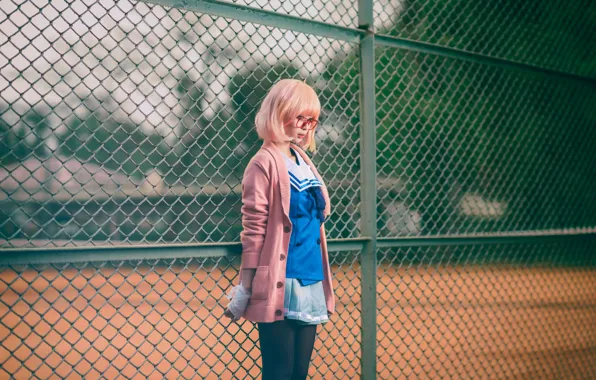 Picture girl, face, mesh, clothing, hair, the fence, color, skirt, glasses, legs, Asian