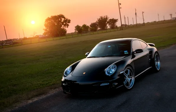 Picture the sun, lawn, black, 911, 997, Porsche, Porsche, black, Blik, front, Turbo