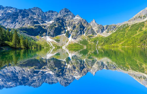 Picture water, the sun, trees, mountains, lake, reflection, stones, rocks, Poland, Tatra Mountains