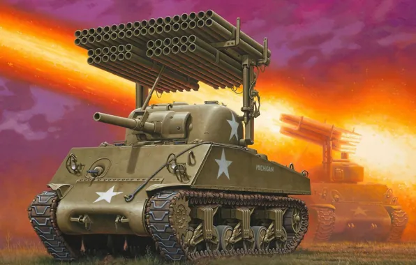 Picture fire, art, tank, American, installation, for, average, Sherman, T34, sherman, WW2., leads, launcher, M4A3, developed, …