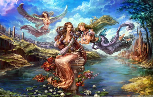 Picture flowers, pond, girls, elf, wings, fairy, Lotus, forsaken world