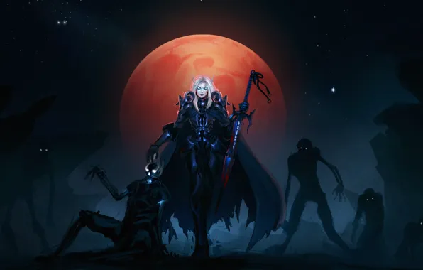 Picture the moon, zombies, knight, wow, undead, death, blood elf, bloody