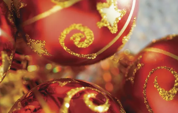 Picture balls, decoration, red, holiday, new year, gold plated, blurry, Christmas decorations, Wallpaper from lolita777