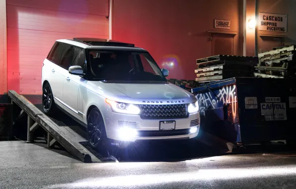 Picture white, night, the building, white, front view, range rover, headlights, range Rover, land Rover, supercharged, …