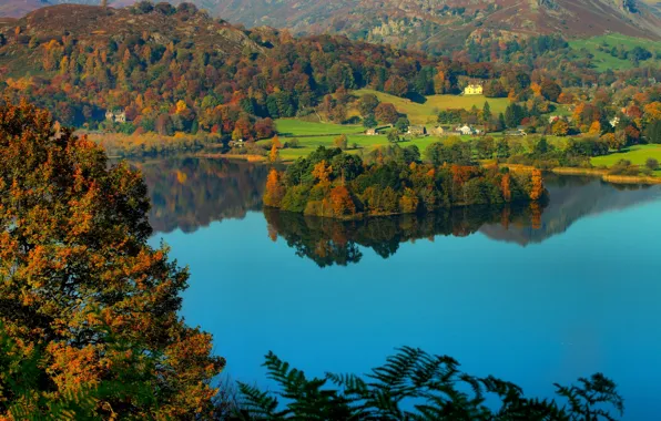 Picture autumn, lake, hills, island, England, village, England, The lake district, Cumbria, Cumbria, the fells, lake …