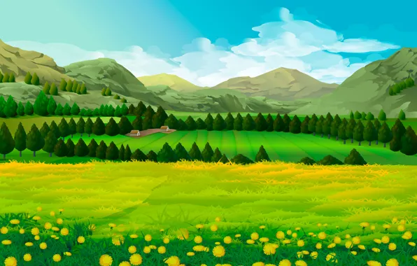 Picture field, trees, landscape, mountains, meadow, dandelions