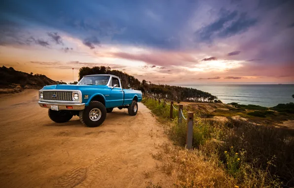 Picture road, sea, the sky, clouds, sunset, the fence, Chevrolet, wheel, front, side, 1972