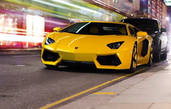 Picture night, the city, yellow, street, Lamborghini, LP700-4, Aventador, Lamborghini, aventador, dorgu