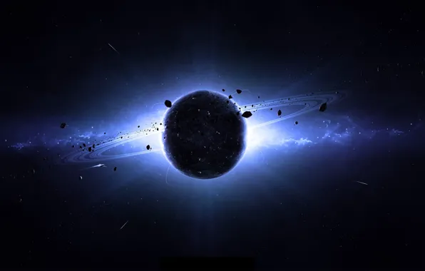 Picture space, planet, glow, ships, ring, asteroids, galaxy, planet