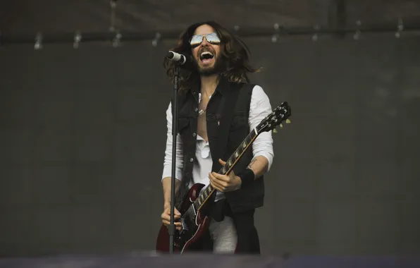Picture scene, guitar, glasses, male, microphone, guitar, microphone, song, man, Jared Leto, Jared Leto, scene, song, …