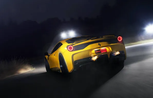 Picture road, yellow, fire, speed, ferrari, Ferrari, yellow, back, exhaust pipe, 458 speciale